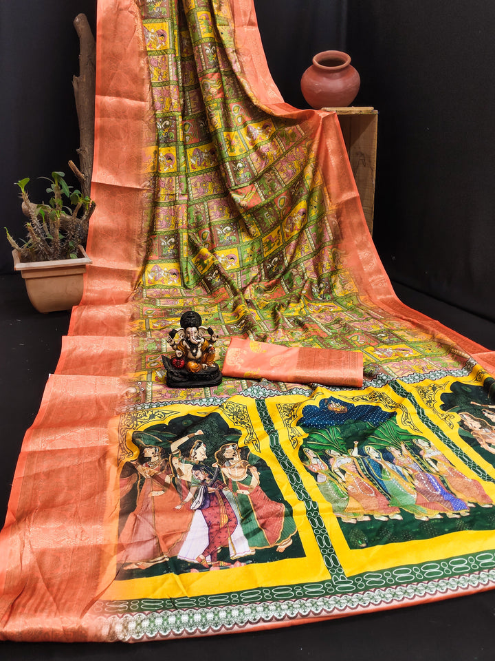 Designer Dola Silk Saree | Beautified with Wevon Kanchi Border Designer,Digital Kalamkari Printed Work