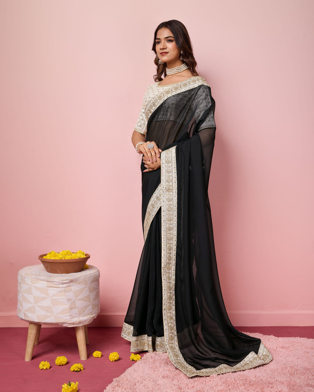 Elegant Organza Saree | Perfect  Embroidery Work Border, Blouse Work