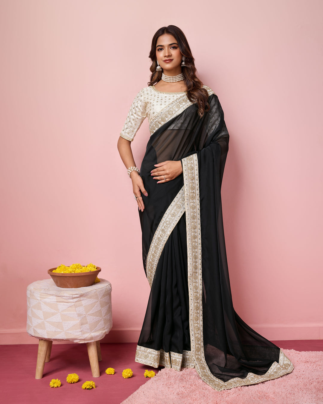 Elegant Organza Saree | Perfect  Embroidery Work Border, Blouse Work