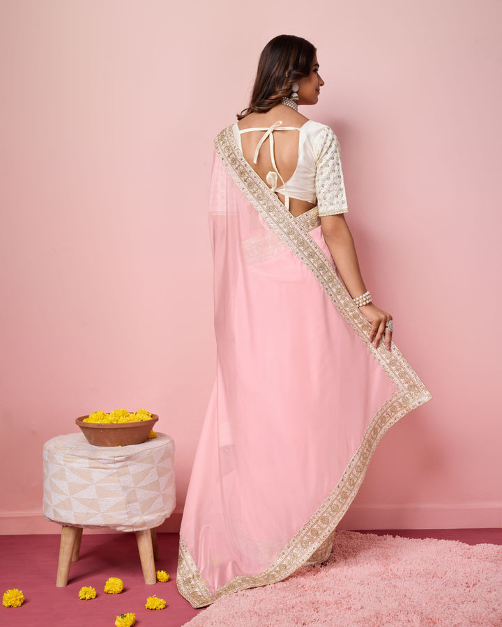 Elegant Organza Saree | Perfect  Embroidery Work Border, Blouse Work