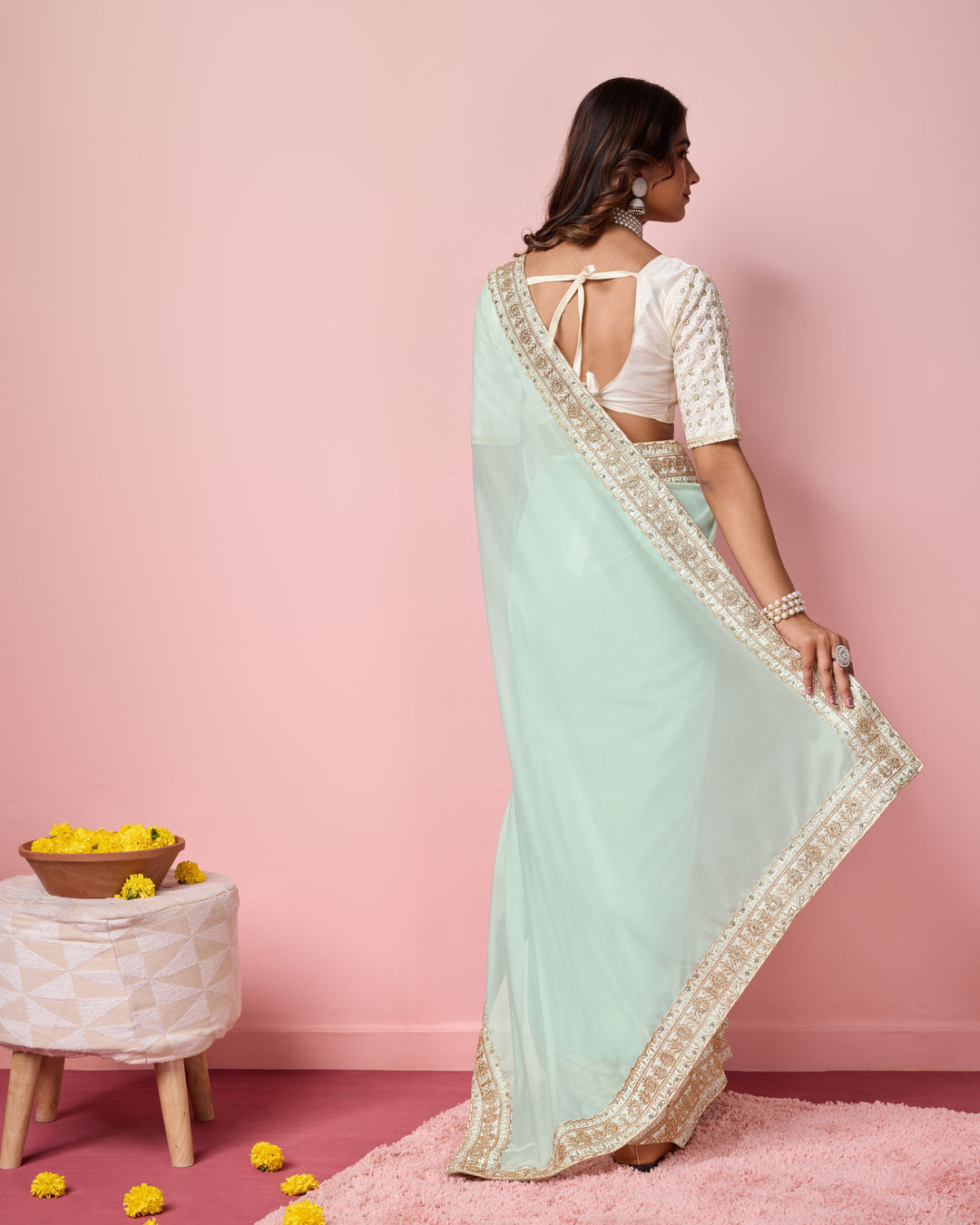 Elegant Organza Saree | Perfect  Embroidery Work Border, Blouse Work