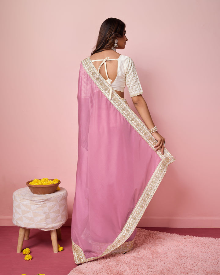 Elegant Organza Saree | Perfect  Embroidery Work Border, Blouse Work