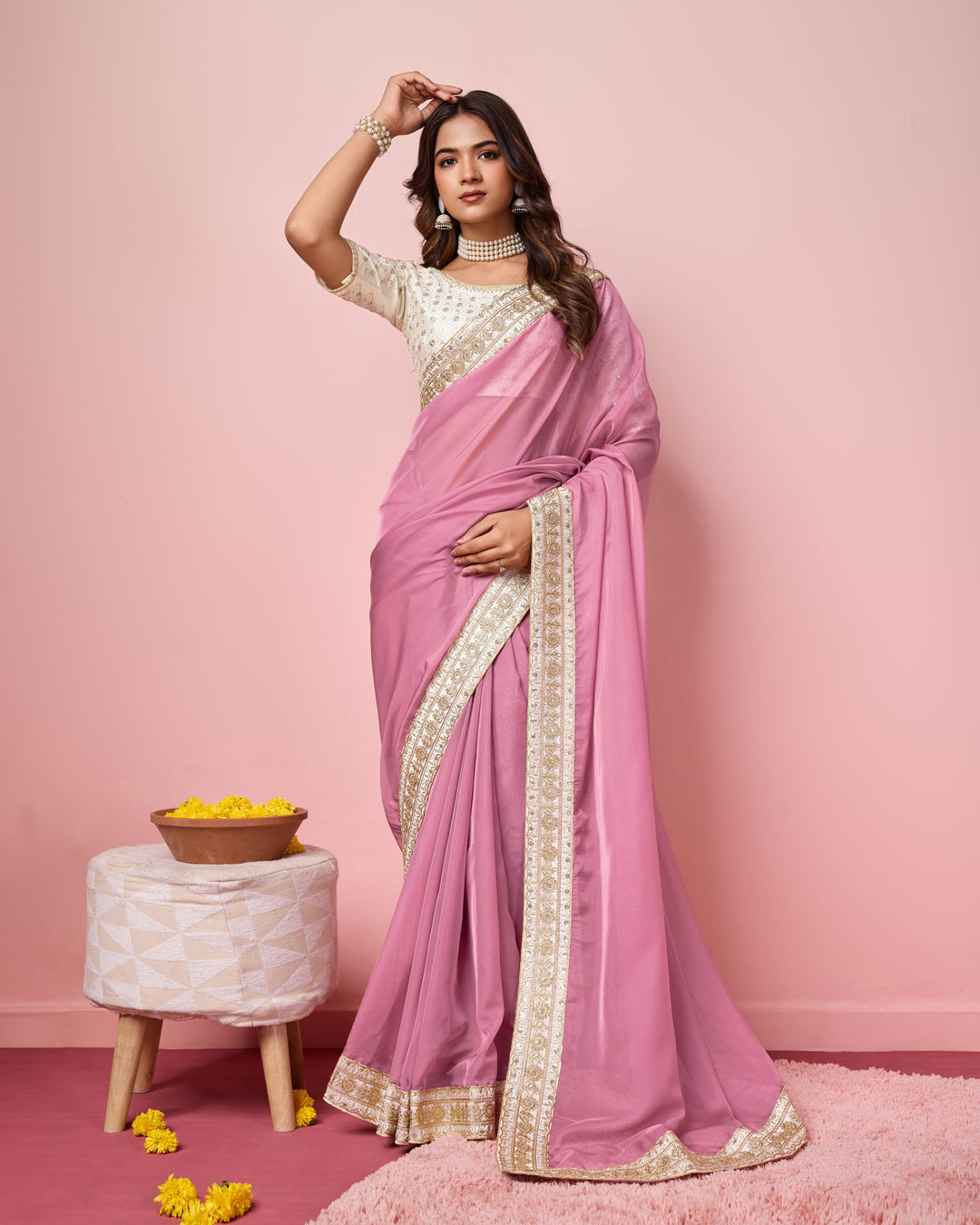 Elegant Organza Saree | Perfect  Embroidery Work Border, Blouse Work