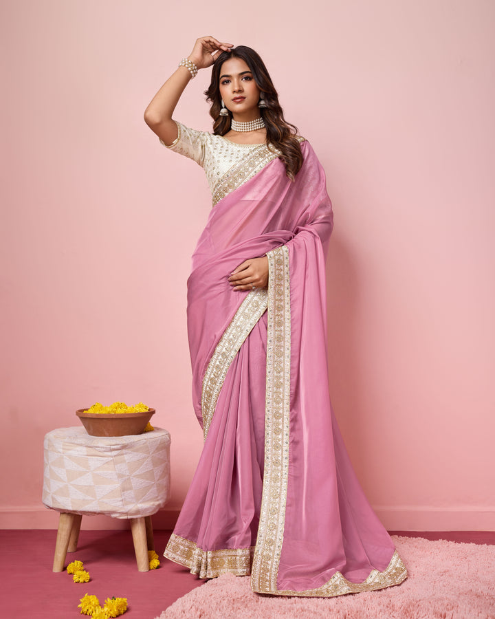 Elegant Organza Saree | Perfect  Embroidery Work Border, Blouse Work