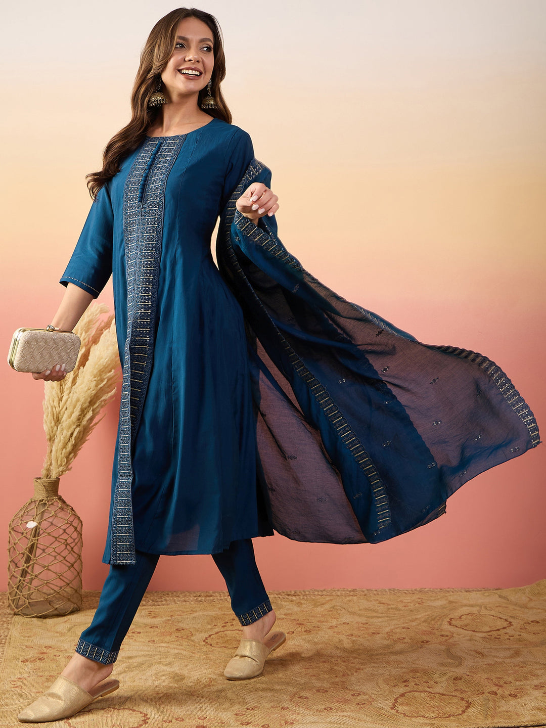 Alluring Blue Embroidered Silk Festival Wear Pant Suit With Dupatta