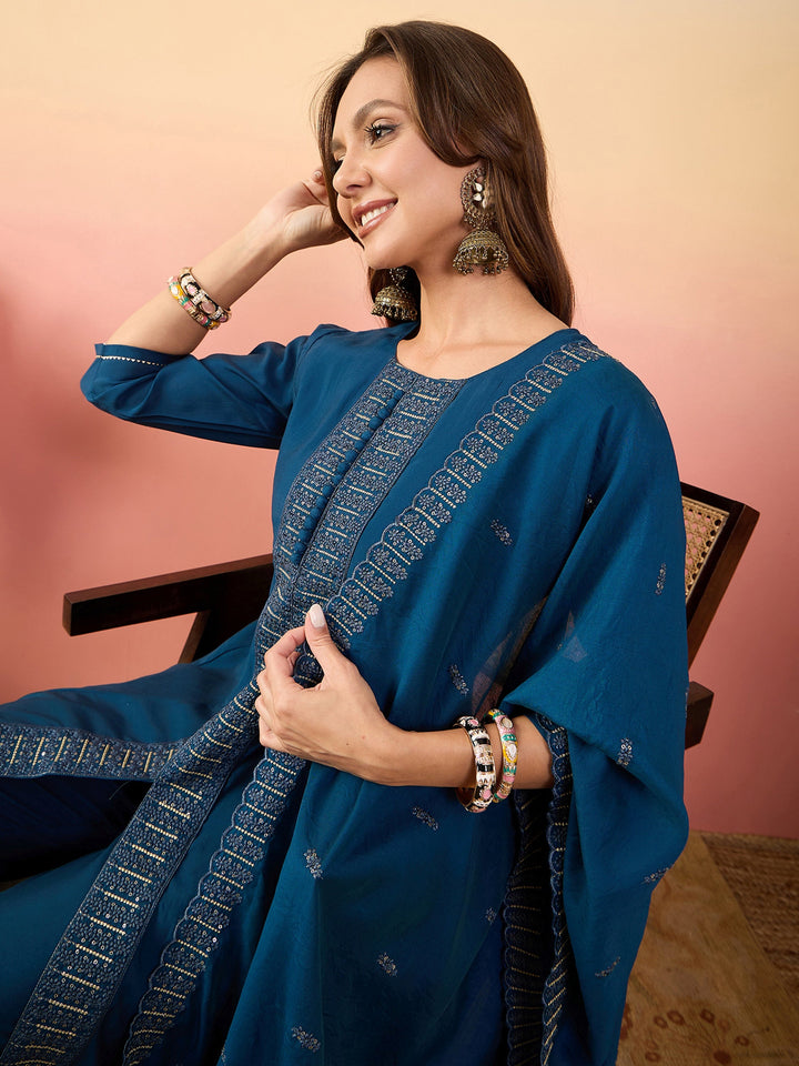 Alluring Blue Embroidered Silk Festival Wear Pant Suit With Dupatta