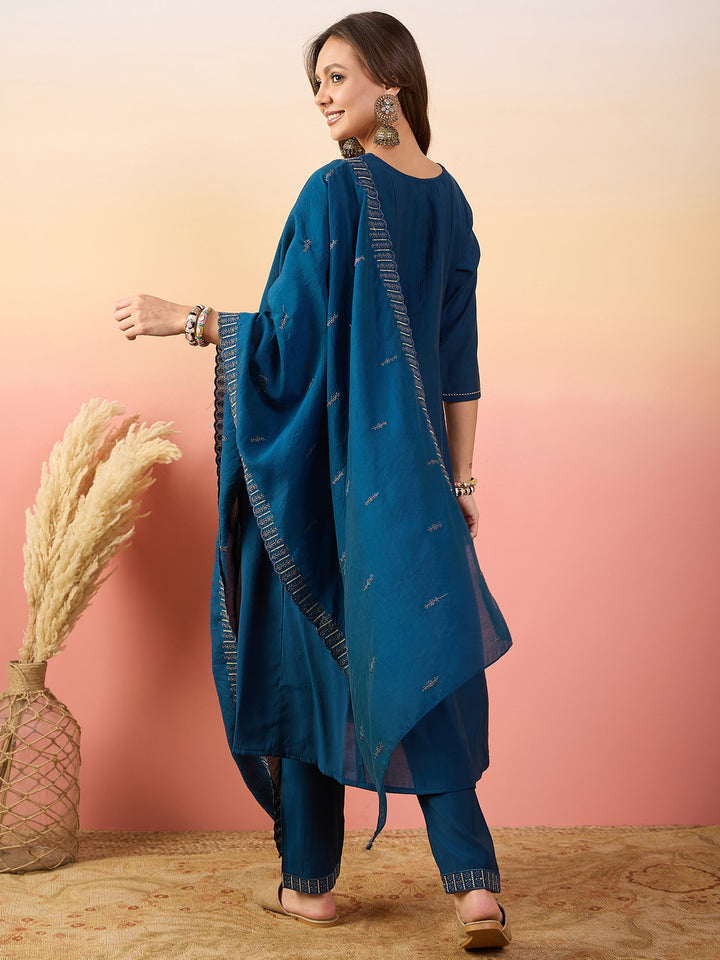 Alluring Blue Embroidered Silk Festival Wear Pant Suit With Dupatta