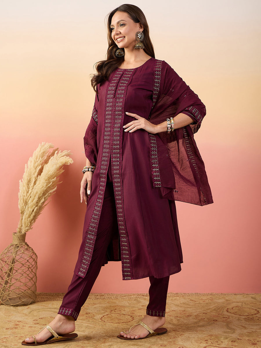 Awesome Maroon Embroidered Silk Traditional Pant Suit With Dupatta