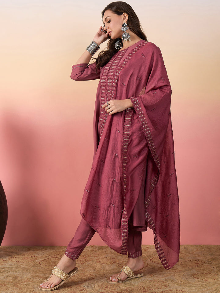 Incredible Pink Embroidered Silk Festival Wear Pant Suit With Dupatta