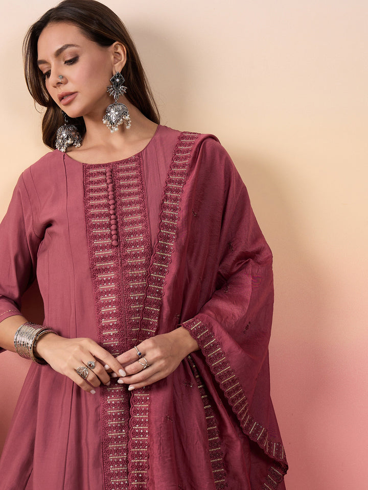 Incredible Pink Embroidered Silk Festival Wear Pant Suit With Dupatta