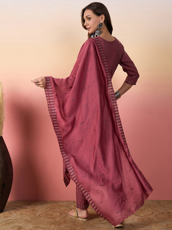 Incredible Pink Embroidered Silk Festival Wear Pant Suit With Dupatta