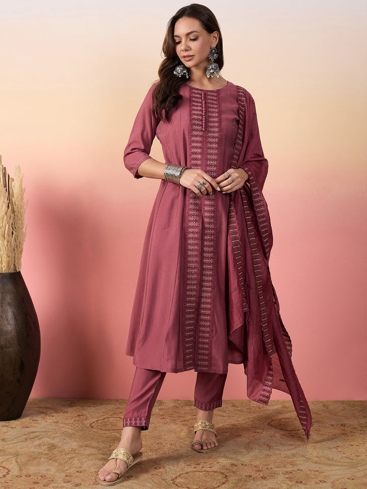 Incredible Pink Embroidered Silk Festival Wear Pant Suit With Dupatta