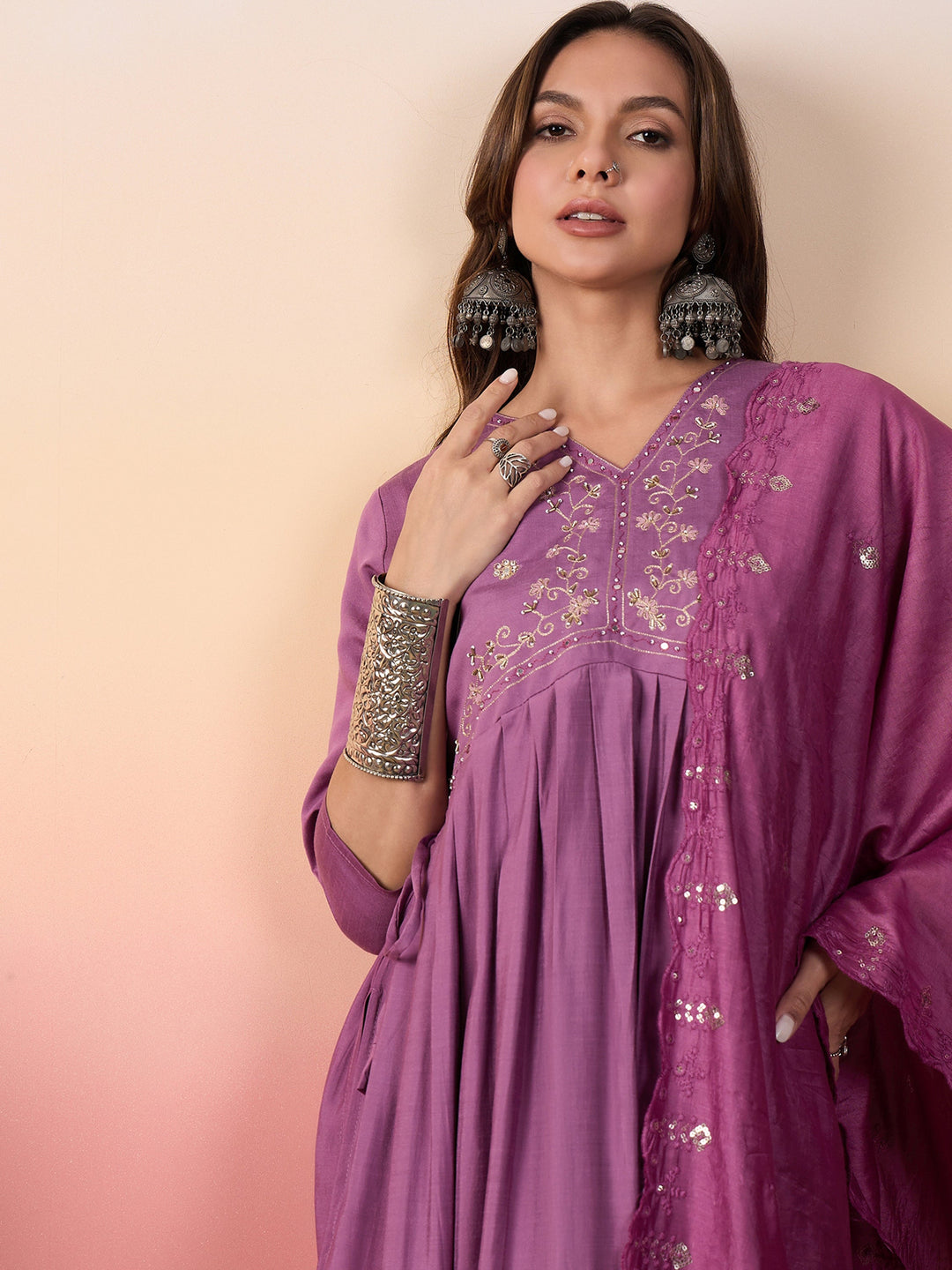 Fabulous Purple Embroidered Silk Pant Suit With Dupatta