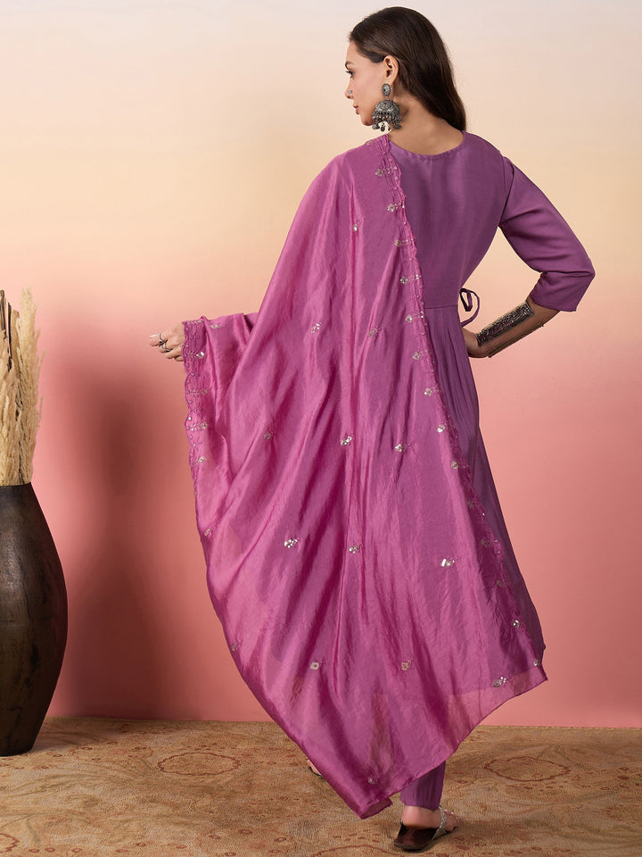 Fabulous Purple Embroidered Silk Pant Suit With Dupatta