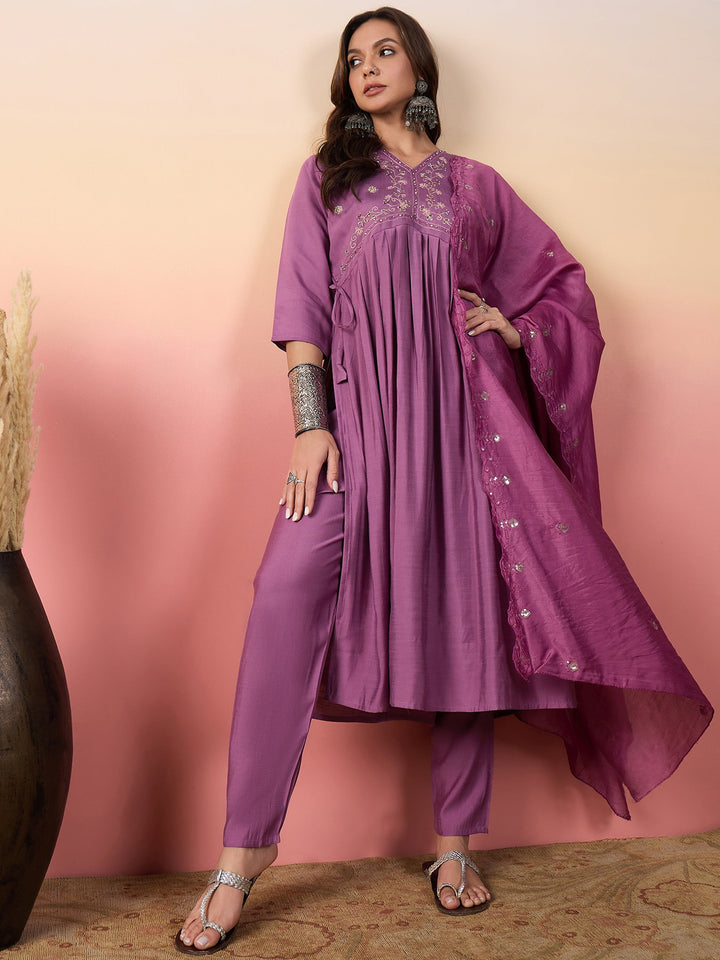 Fabulous Purple Embroidered Silk Pant Suit With Dupatta