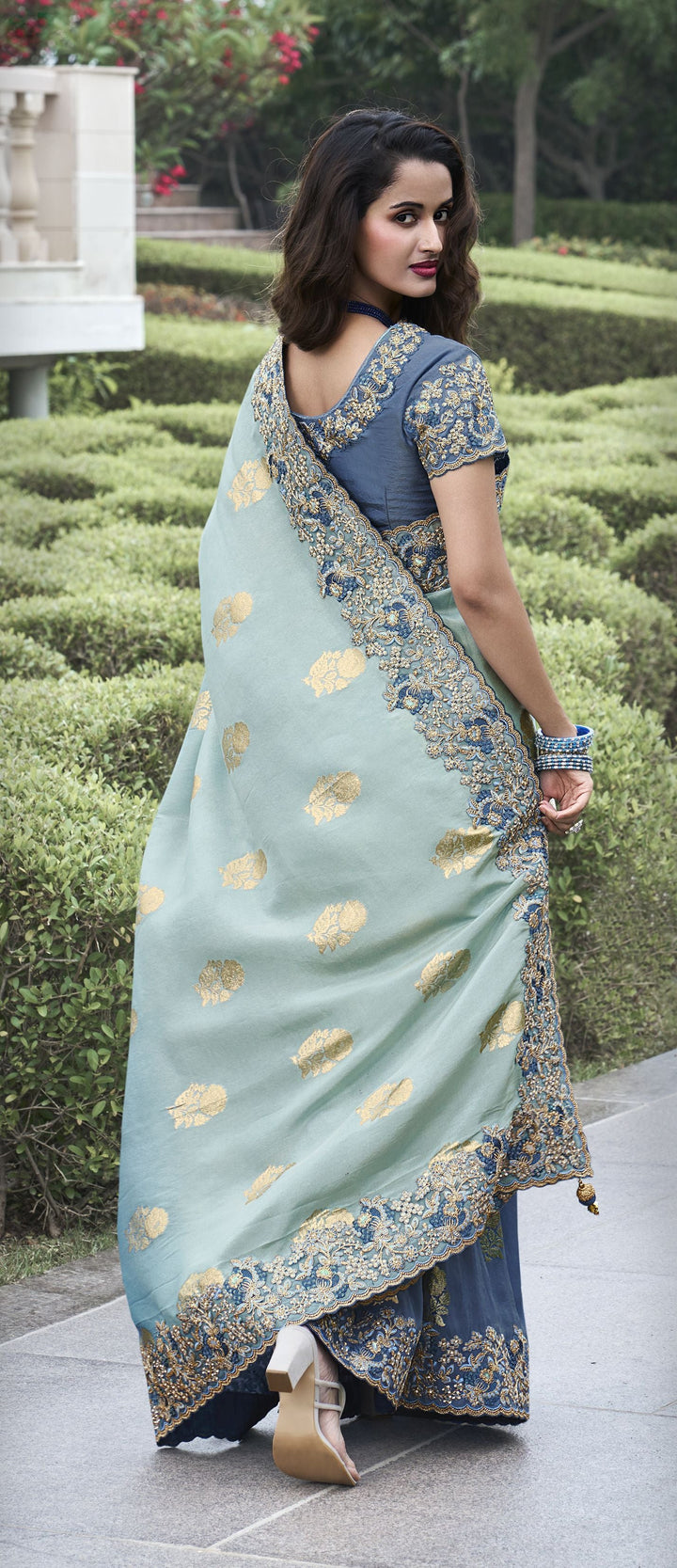 Stunning Aqua Sadi | Heavy Embroidery Tissue-Silk Saree for Brides