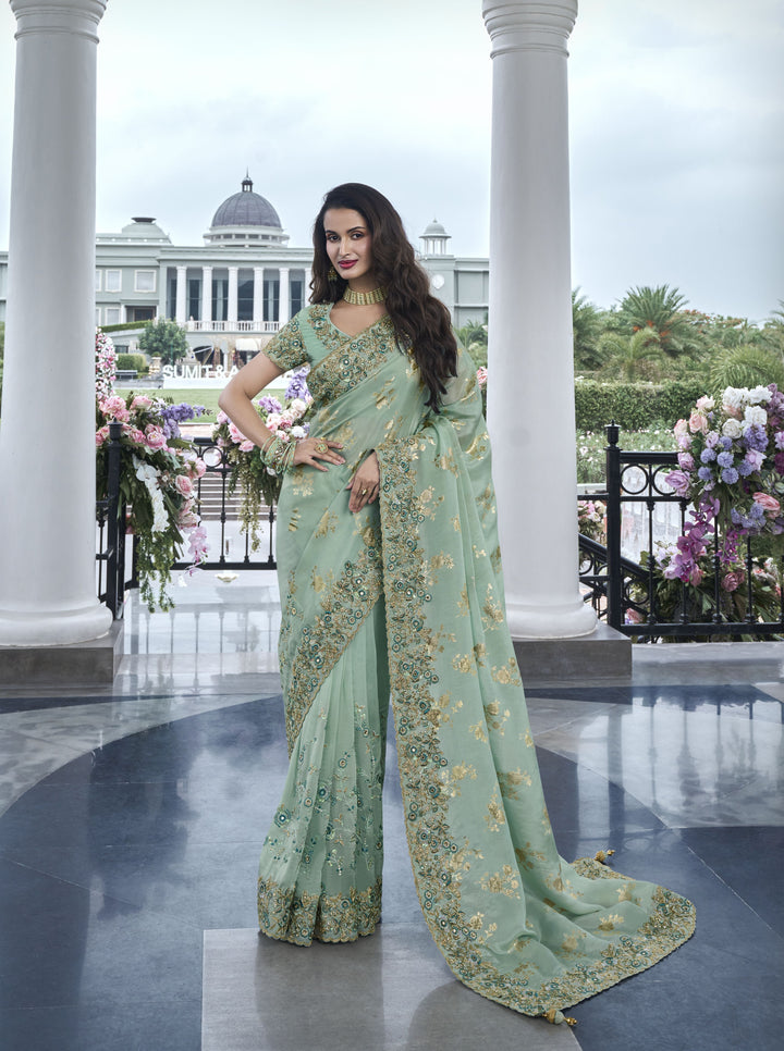 Elegant Tissue-Silk Saree with Heavy Embroidery | Perfect for Weddings & Events