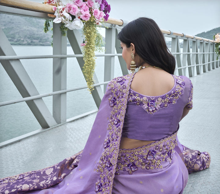 Heavy-Embroidered Tissue-Silk Saree | Luxurious Blouse with Mirror & Stone Work