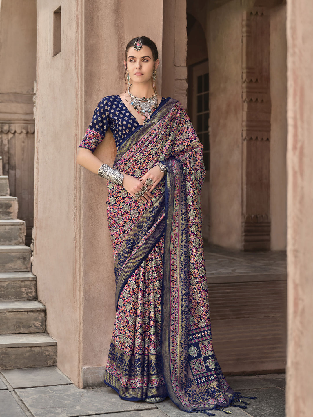 Stunning Dark Blue Saree | Designer Ajrakh Print for Festive Celebrations