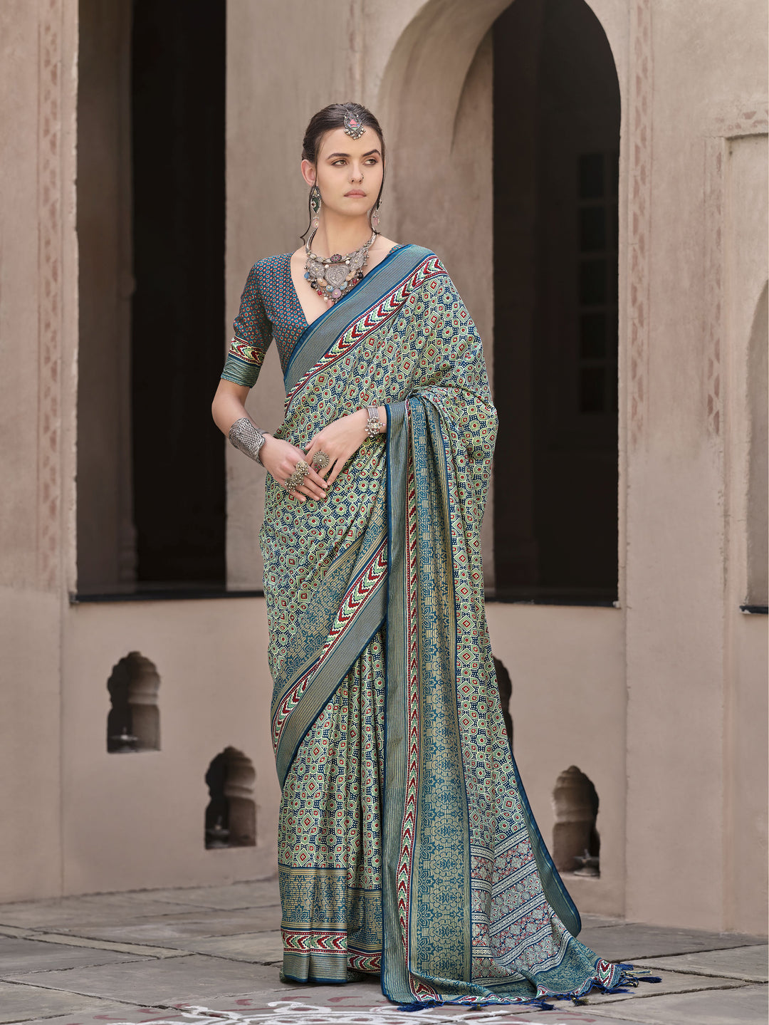 Designer Ajrakh Printed Sigma Silk Saree | Perfect for Weddings & Festive Events