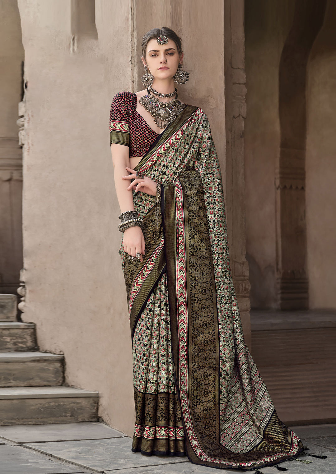 Designer Ajrakh Printed Sigma-Silk Saree | Perfect for Weddings and Festive Events