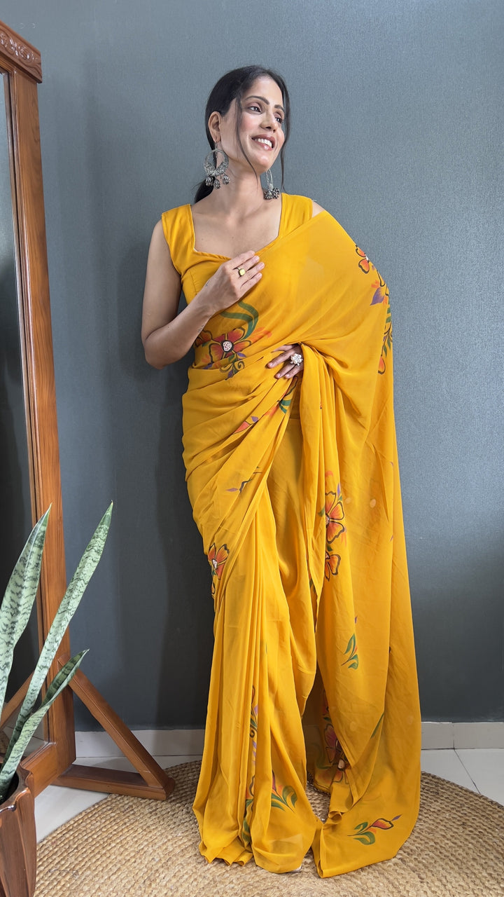 Designer Hand-Printed Faux-Georgette Saree | Perfect for Weddings & Festivals