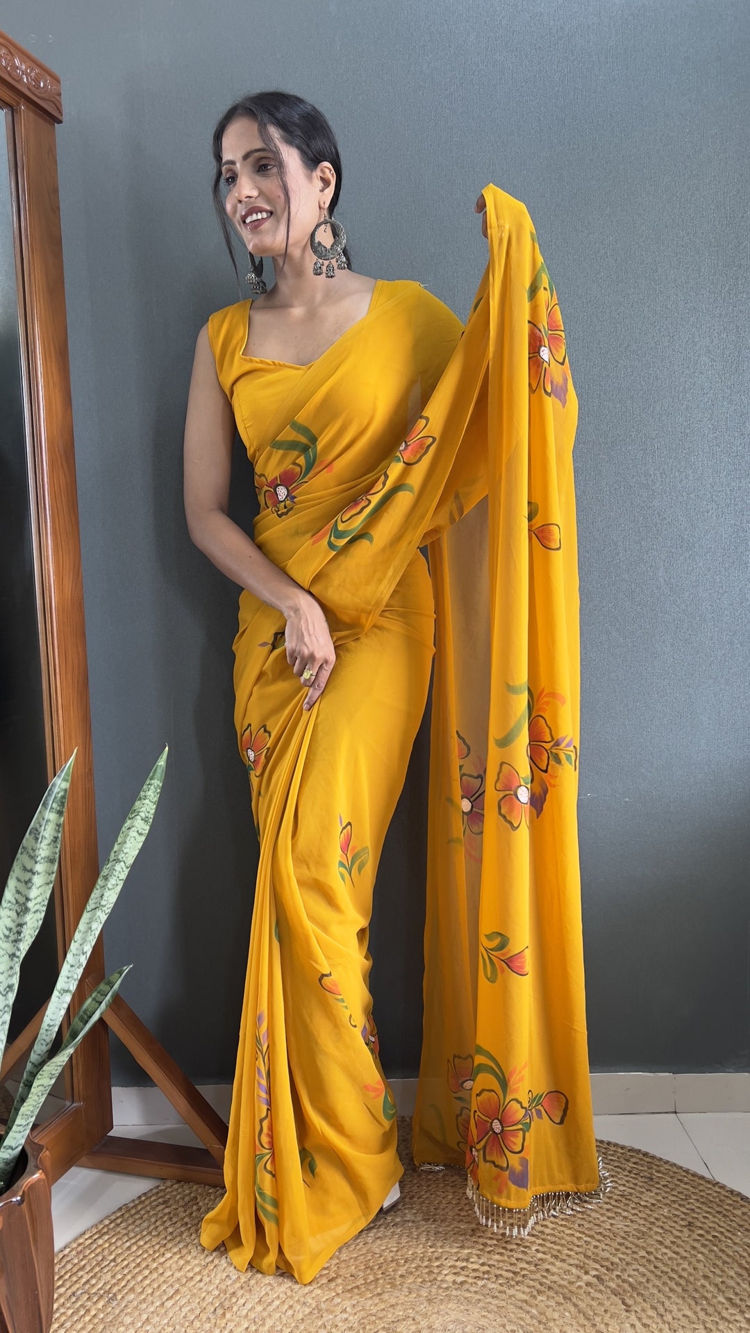 Designer Hand-Printed Faux-Georgette Saree | Perfect for Weddings & Festivals