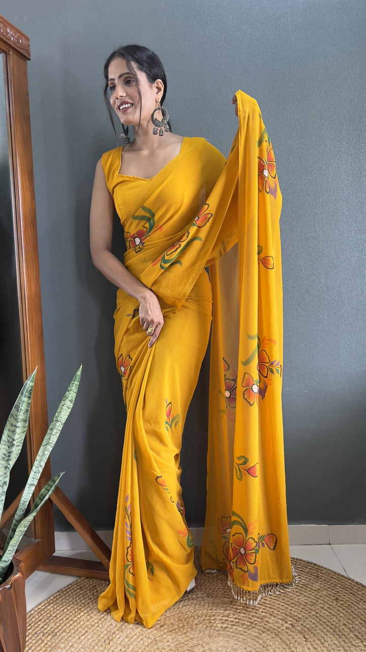 Designer Hand-Printed Faux-Georgette Saree | Perfect for Weddings & Festivals