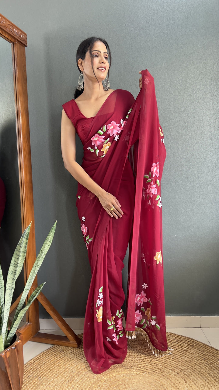 Designer Hand-Printed Faux-Georgette Saree | Perfect for Weddings & Festive Events