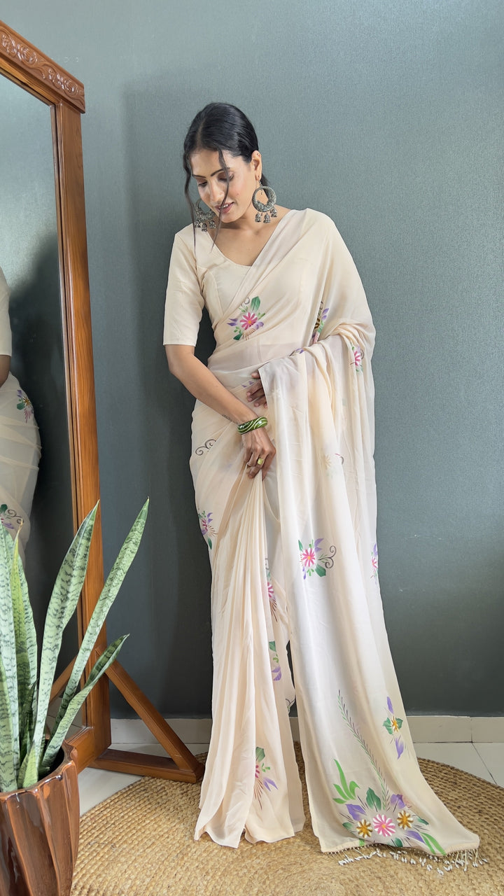 Designer Hand-Printed Faux-Georgette Saree for Special Events | Elegant Style