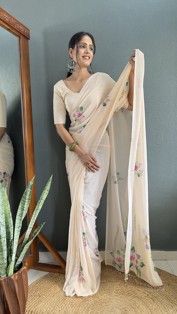 Designer Hand-Printed Faux-Georgette Saree for Special Events | Elegant Style