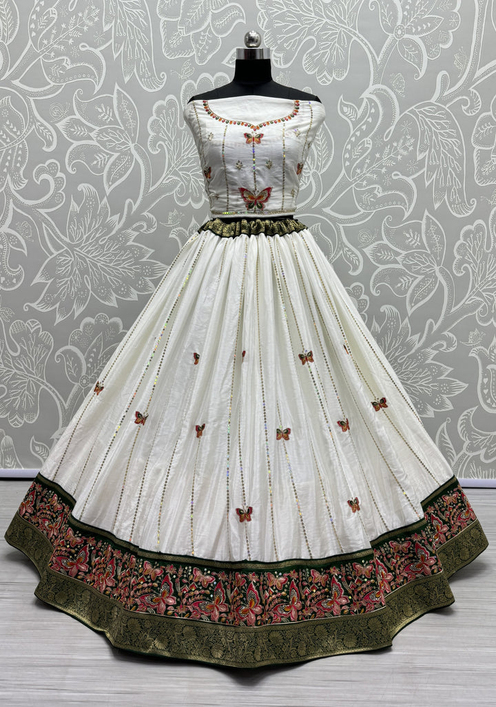 Fancy White Lehenga Set | Silk Lehenga, Choli & Georgette Printed Dupatta