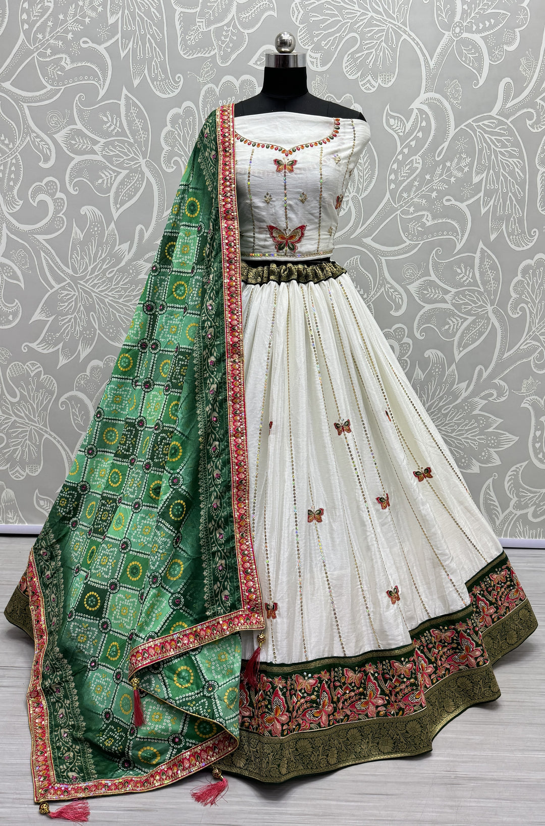 Fancy White Lehenga Set | Silk Lehenga, Choli & Georgette Printed Dupatta