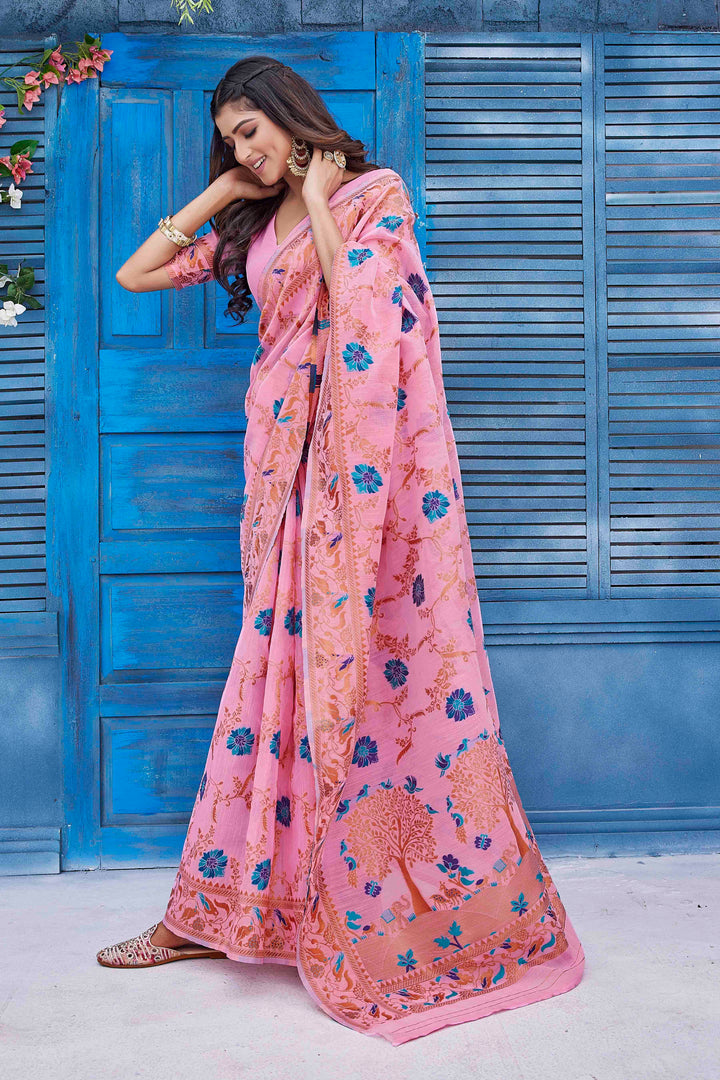 Linen Saree with Woven Jacquard | Designer for Special Events & Weddings