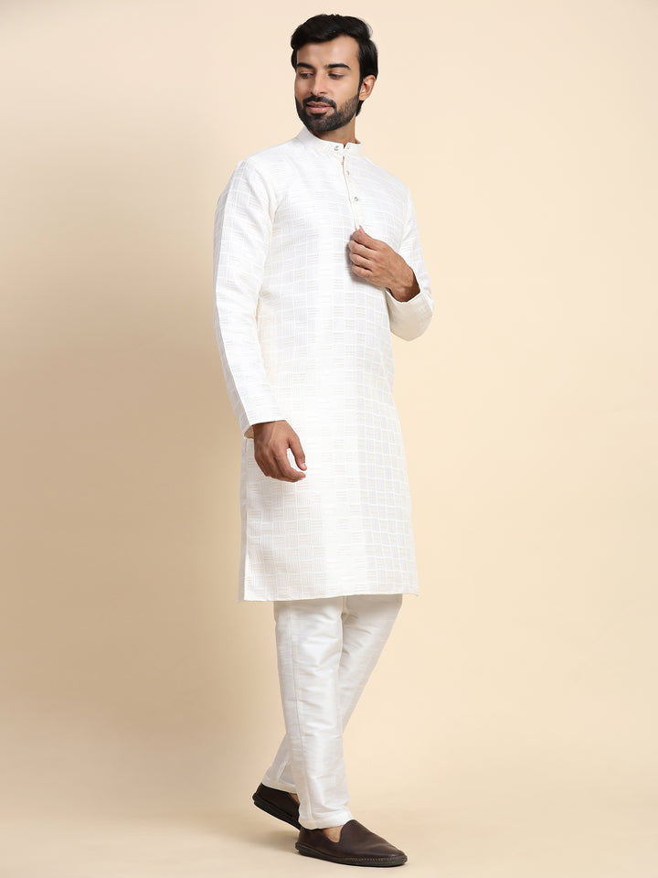 White Viscose Jacquard Kurta Pajama | Men's Ethnic Festive Wear Set