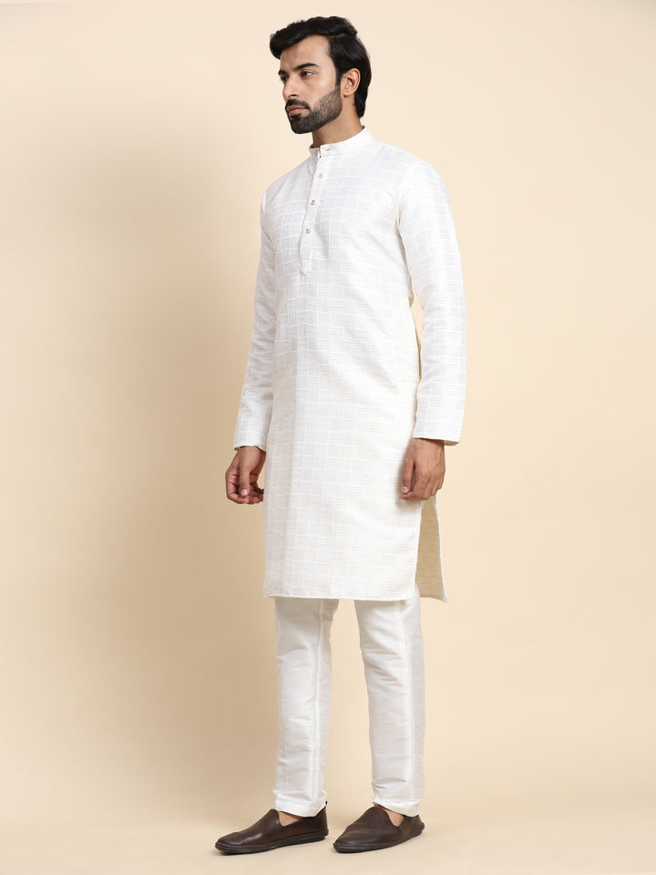 White Viscose Jacquard Kurta Pajama | Men's Ethnic Festive Wear Set