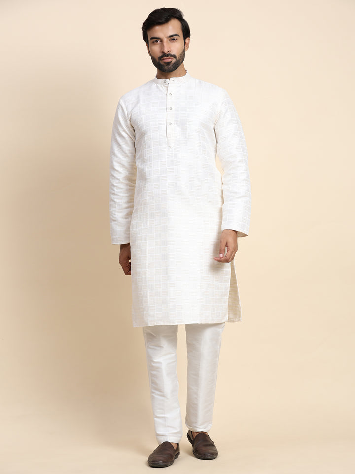 White Viscose Jacquard Kurta Pajama | Men's Ethnic Festive Wear Set