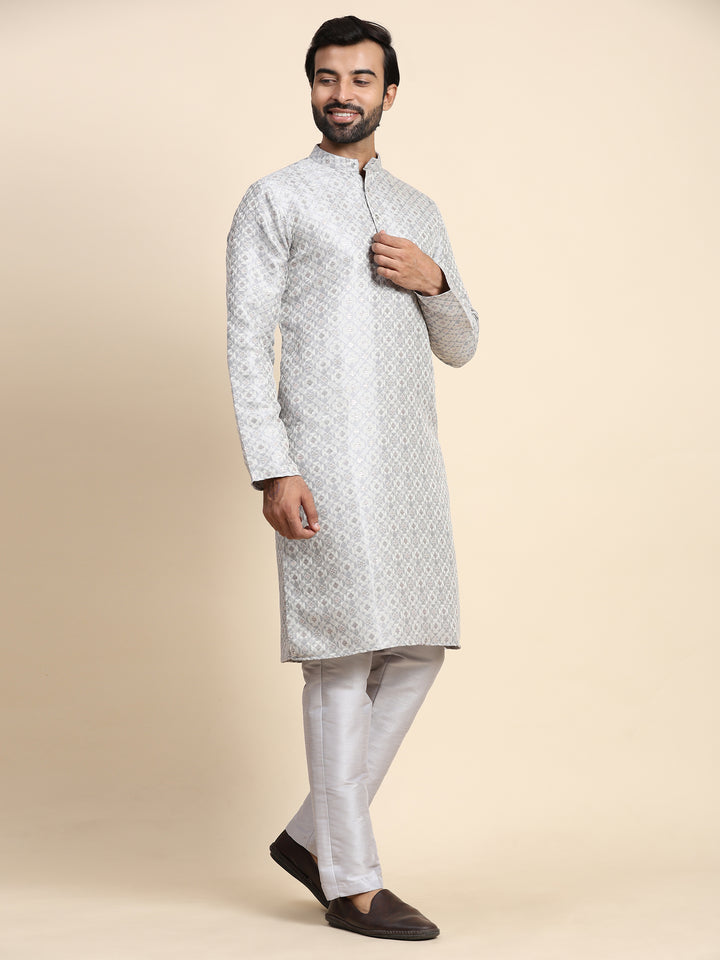 Grey Viscose Jacquard Kurta Pajama | Cream Art Silk Men's Ethnic Wear