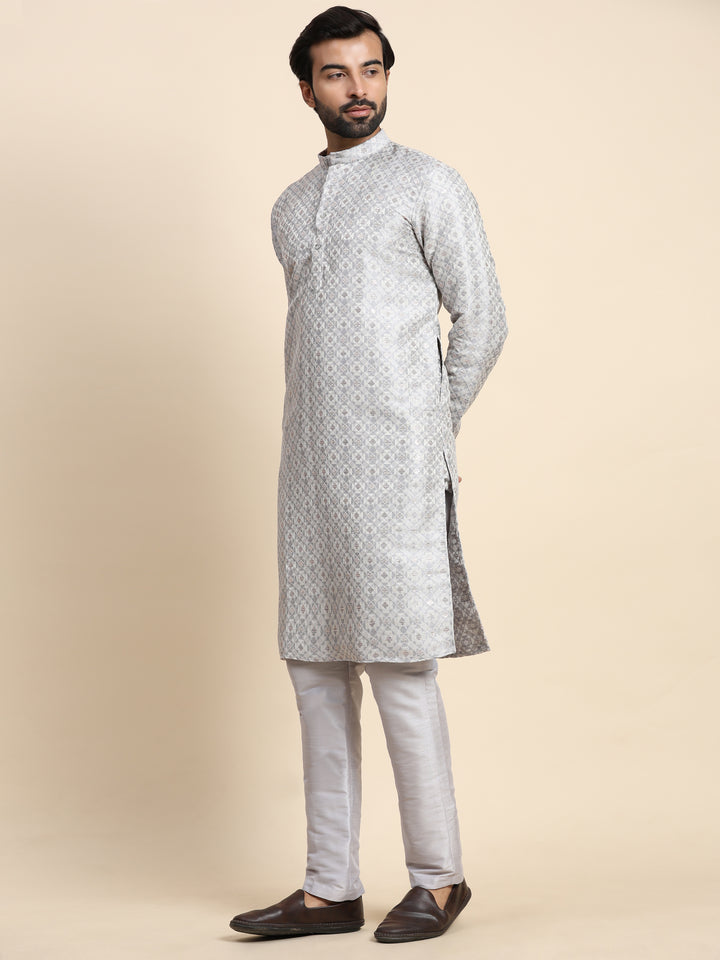 Grey Viscose Jacquard Kurta Pajama | Cream Art Silk Men's Ethnic Wear