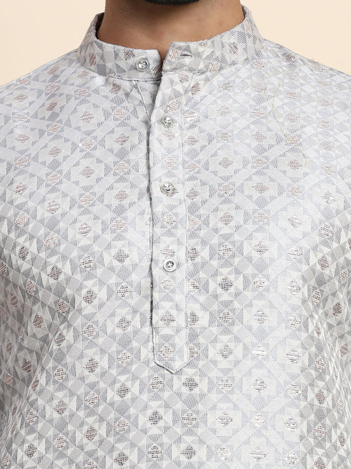 Grey Viscose Jacquard Kurta Pajama | Cream Art Silk Men's Ethnic Wear