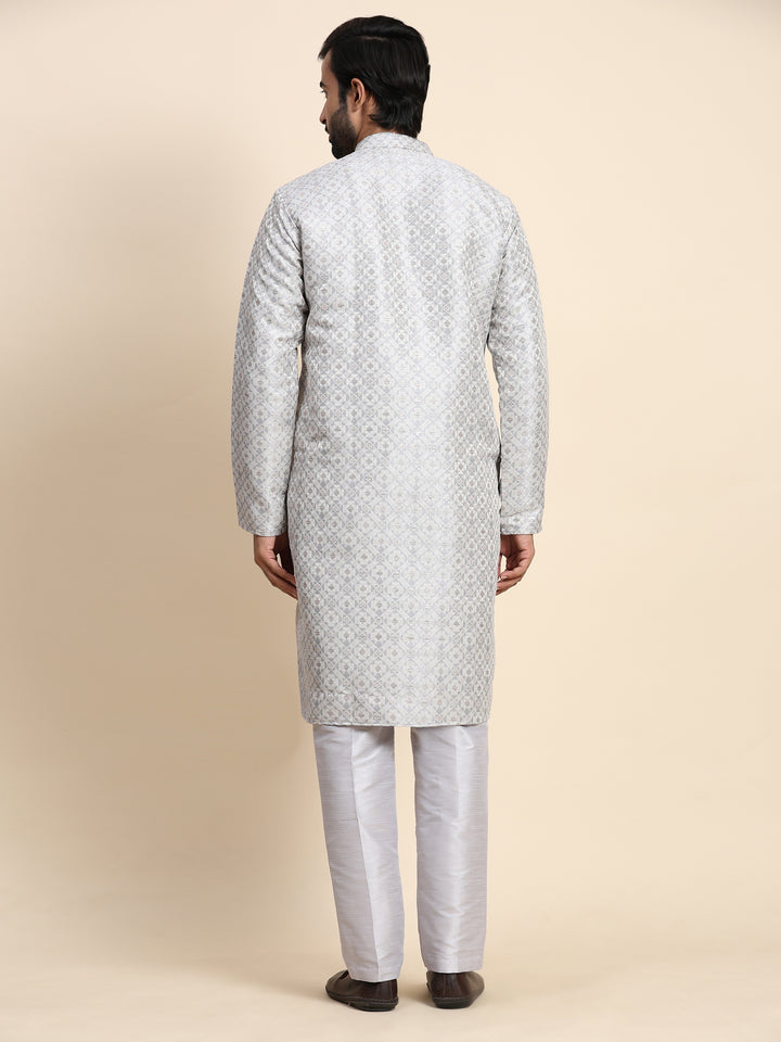 Grey Viscose Jacquard Kurta Pajama | Cream Art Silk Men's Ethnic Wear