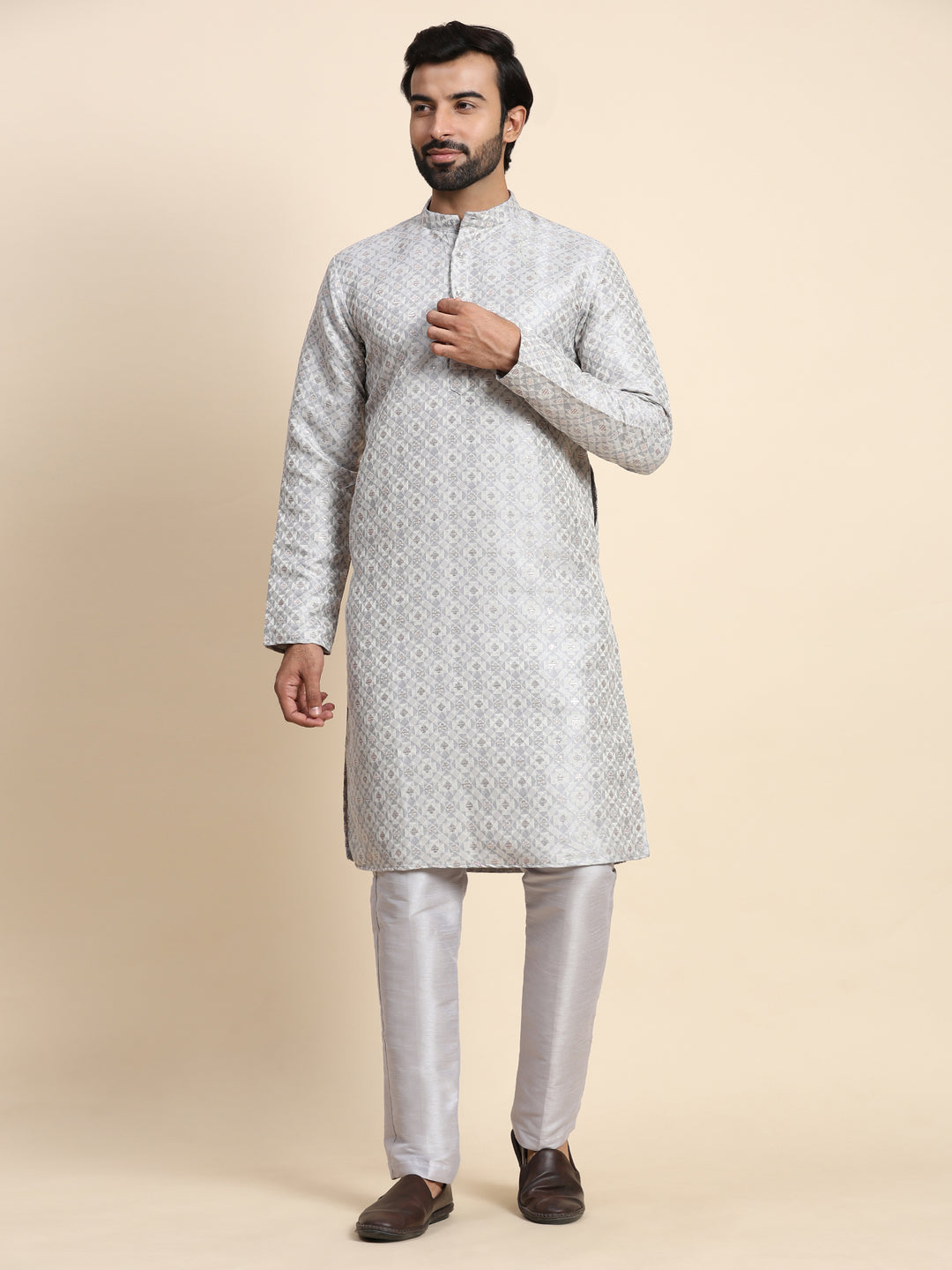 Grey Viscose Jacquard Kurta Pajama | Cream Art Silk Men's Ethnic Wear