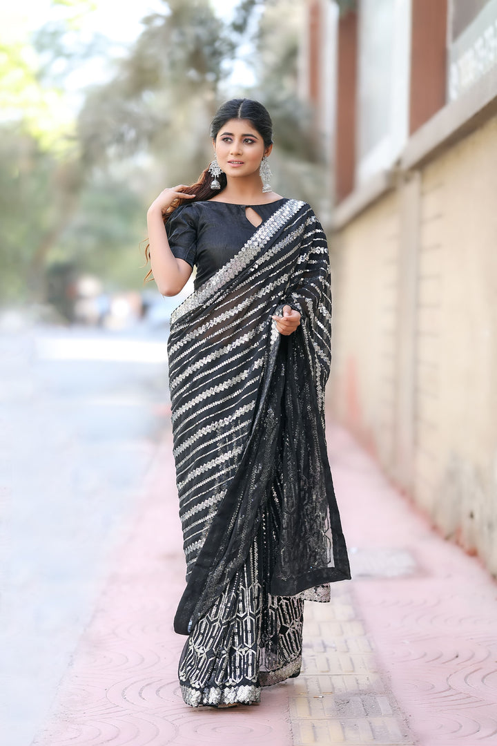 Georgette Saree with Sequins Embroidery | Chic Mono-Banglori Blouse for Weddings