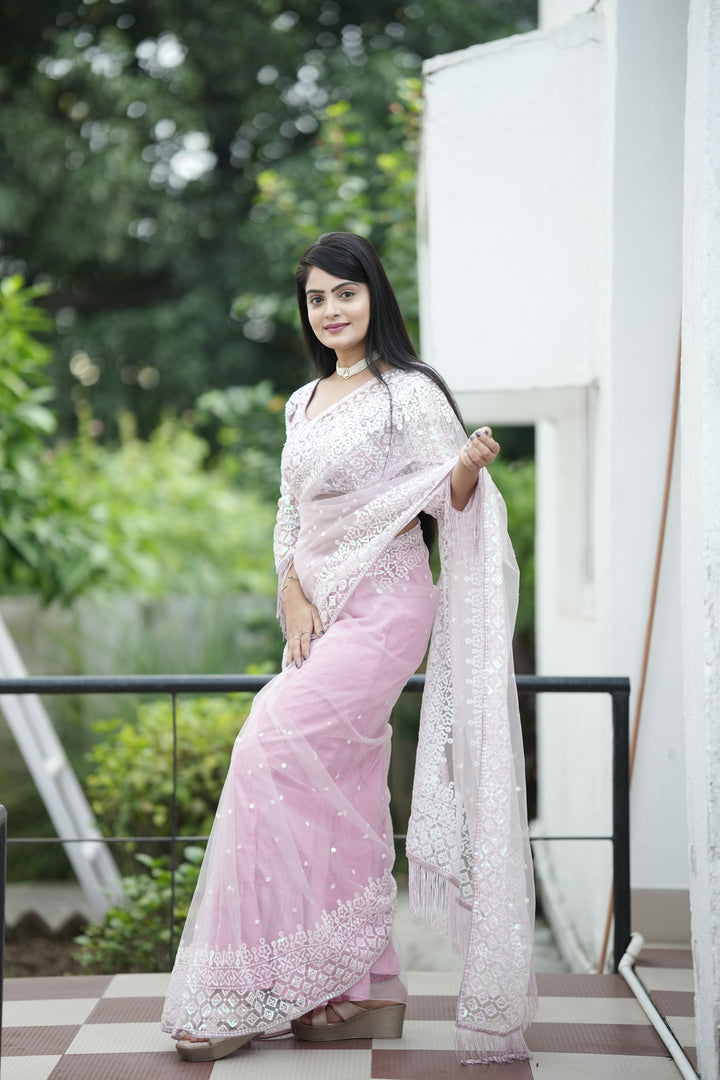 Soft-Net Saree with Sequined Embroidery | Elegant for Weddings & Events