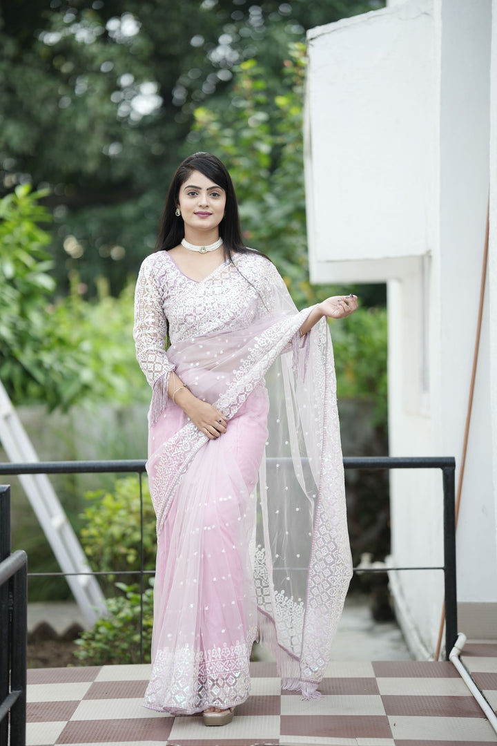 Soft-Net Saree with Sequined Embroidery | Elegant for Weddings & Events