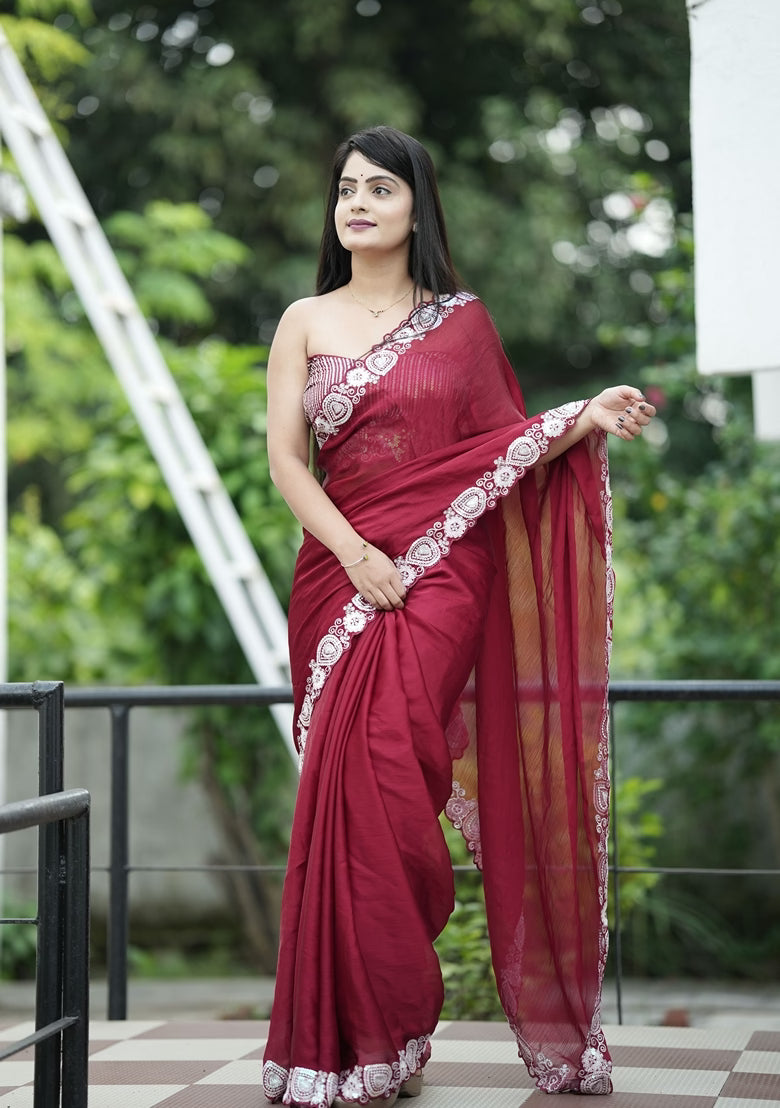 Elegant Satin-Chiffon Saree with Sequined Embroidery | Perfect for Weddings & Festive Events