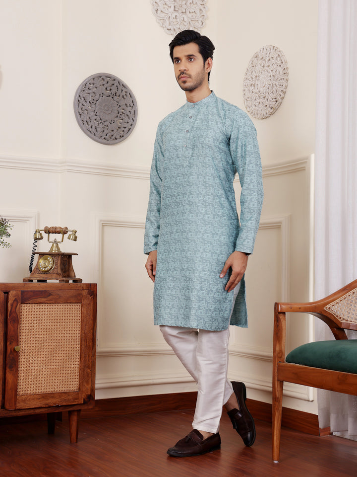 Men's Blue Kurta Pajama Set | Designer Jacquard Work | Traditional Ethnic Wear