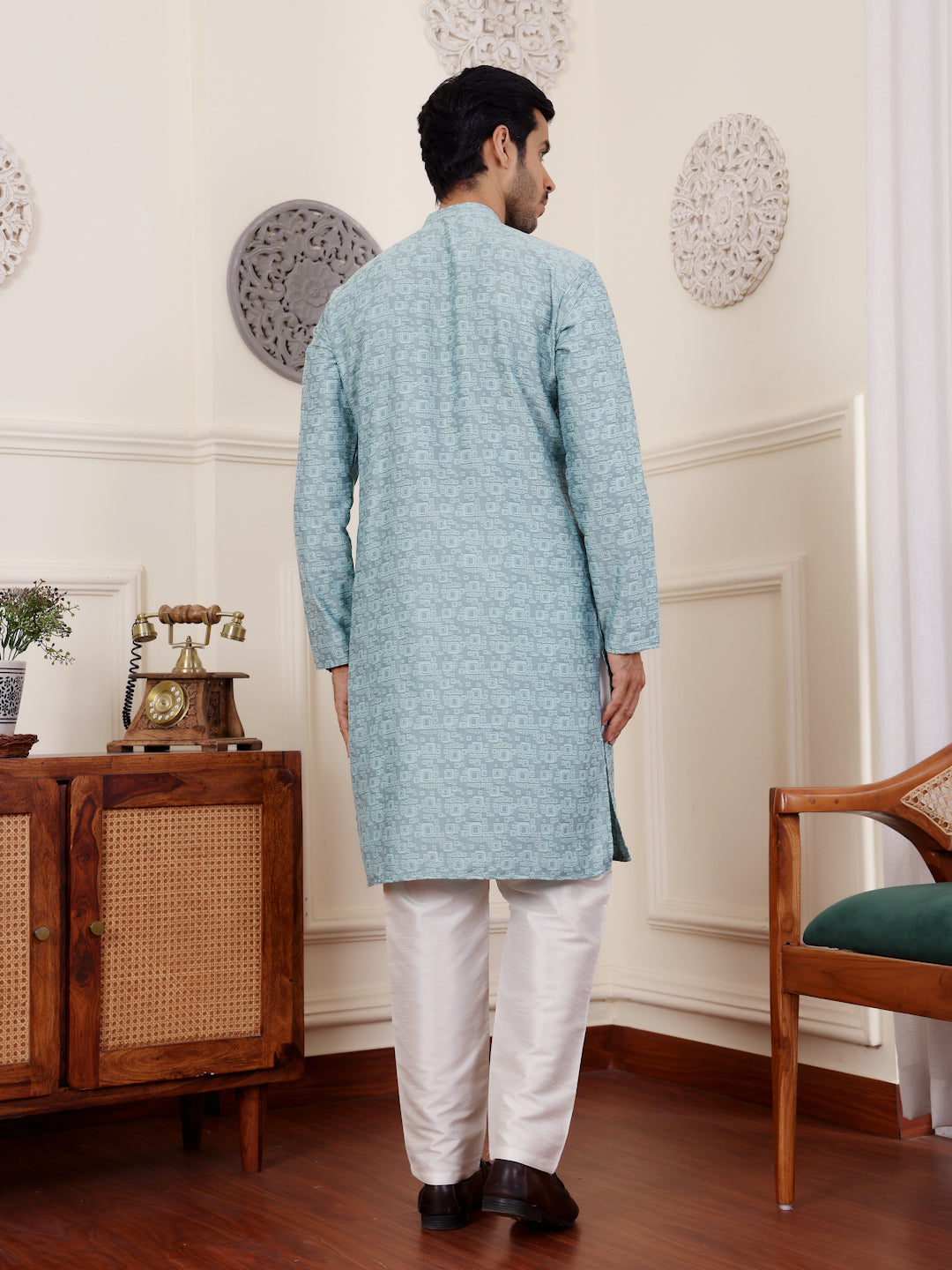 Men's Blue Kurta Pajama Set | Designer Jacquard Work | Traditional Ethnic Wear