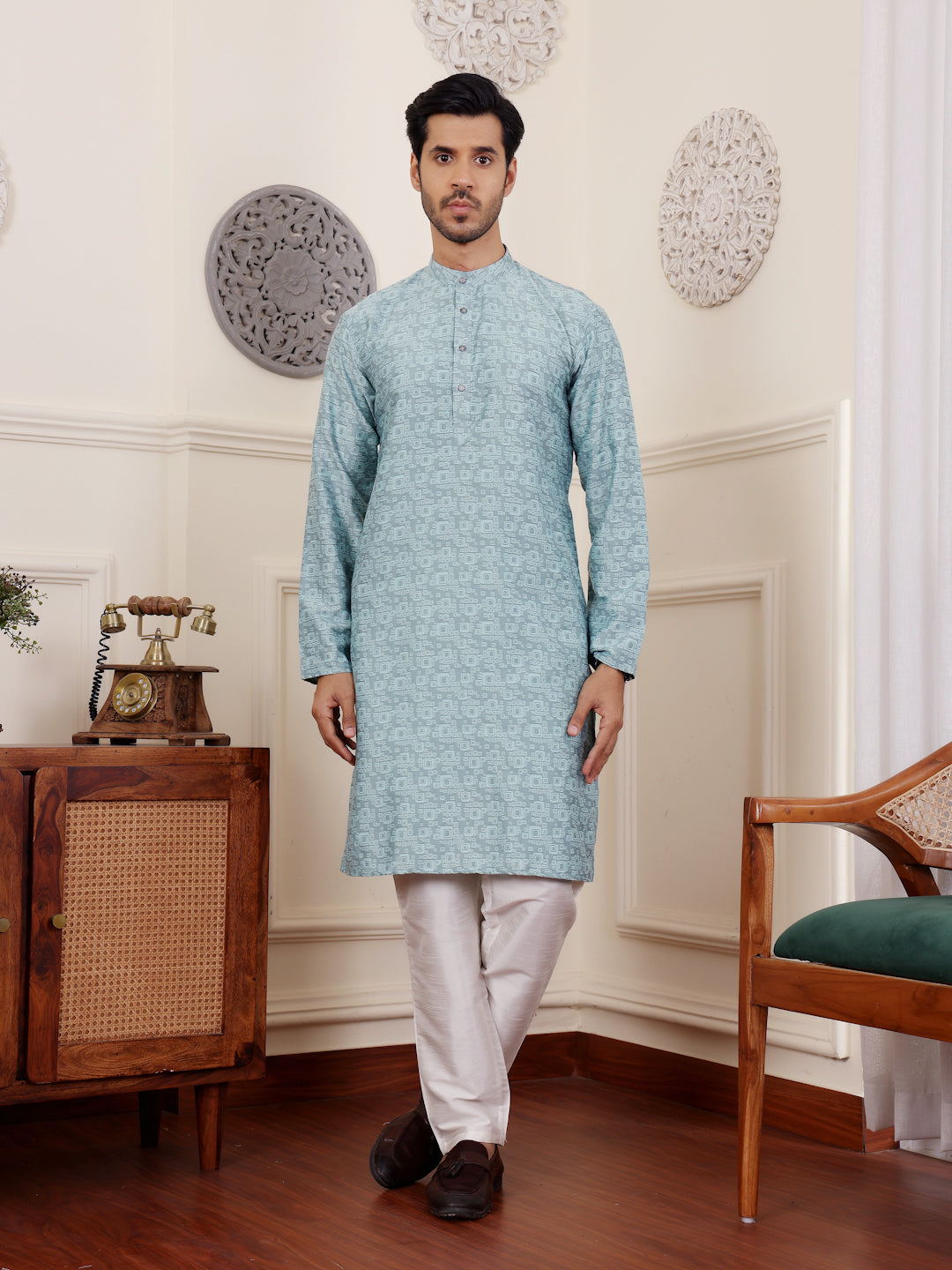 Men's Blue Kurta Pajama Set | Designer Jacquard Work | Traditional Ethnic Wear