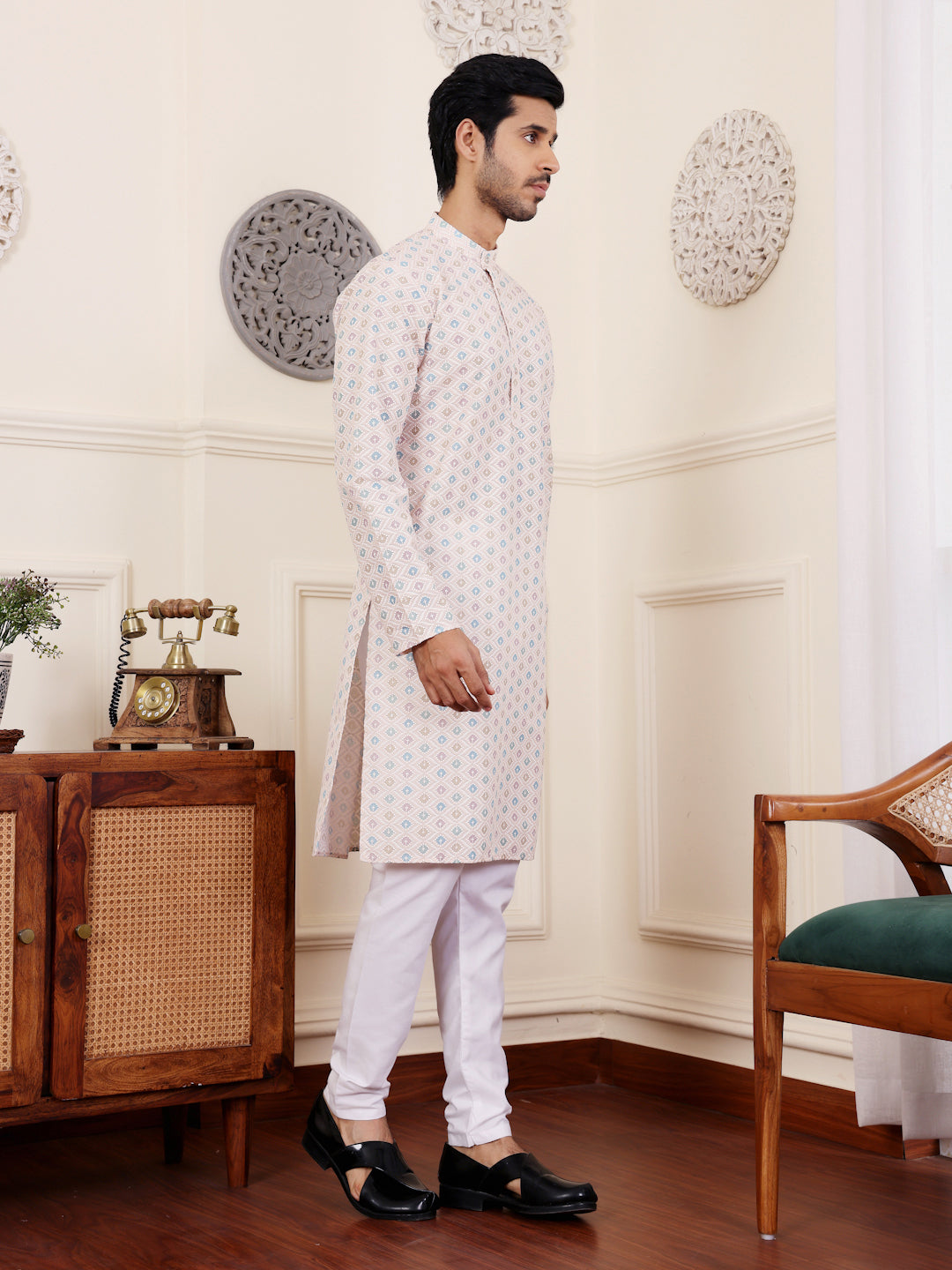 Embroidered Kurta Pajama Set | Traditional Cream Kurta for Men